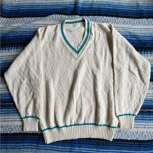 Vintage 80s / 90s cream and turquoise knit v neck chunky cotton sweater mens XL